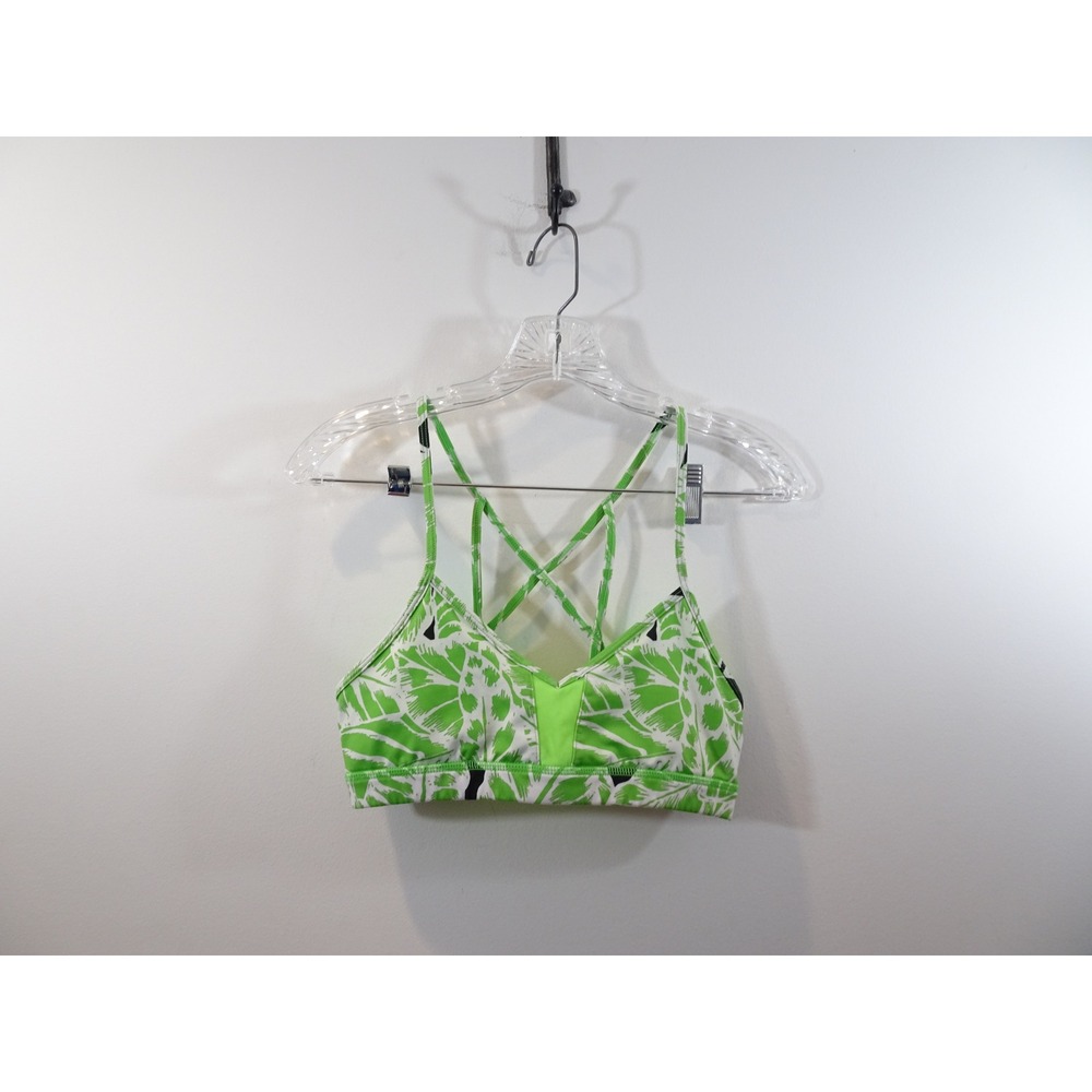 Alo Yoga Womens Strappy Criss Cross Back Tropical Palm Print Sports Bra Green S